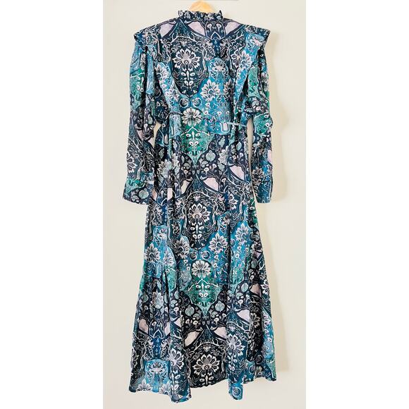 NWT Maria Cher Lugo Franca Maxi Dress Silk Cotton M Printed Pleat Placket Boho - Picture 7 of 9
